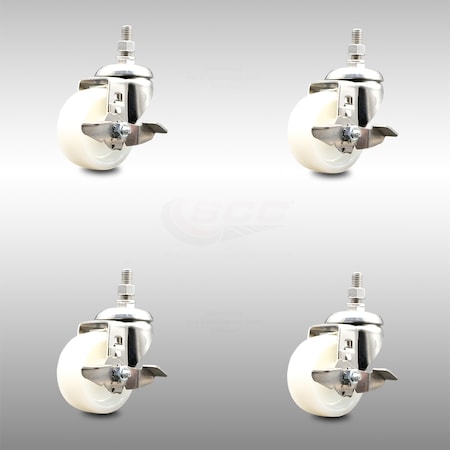 Service Caster 3 Inch 316SS Nylon Wheel Swivel 1/2 Inch Threaded Stem Caster Set Brake SCC SCC-SS316TS20S314-NYS-TLB-121315-4